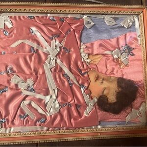 UNIQUE, RARE VINTAGE FRAMED DIECUT SLEEPING BRUNETTE HAIRED BABY, REAL HAIR